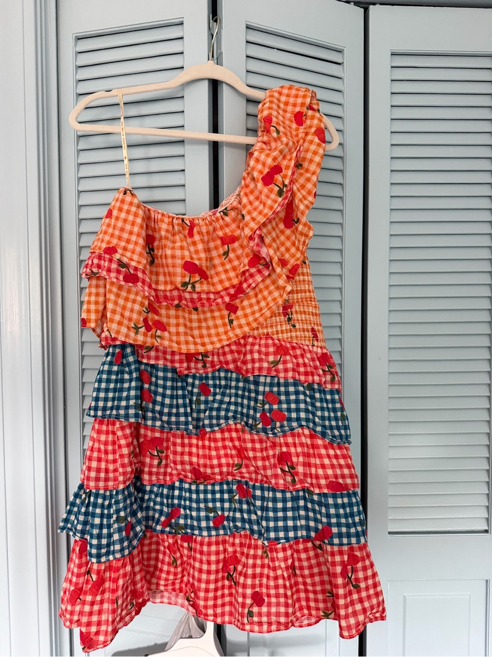 FARM Rio One-Shoulder Gingham Cherry Tiered Dress - Orange, Blue, Red